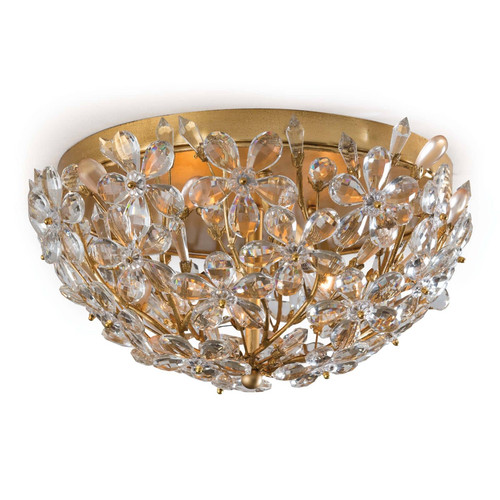 Gold flush mount with crystal flowers and a gold base